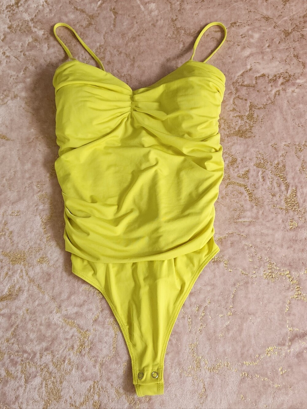 EXPRESS BODY CONTOUR | Bright Yellow Ruched One-Piece Bodysuit